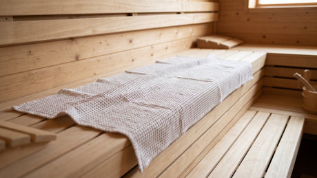 Sauna towel spread along the upper bench of a wooden sauna