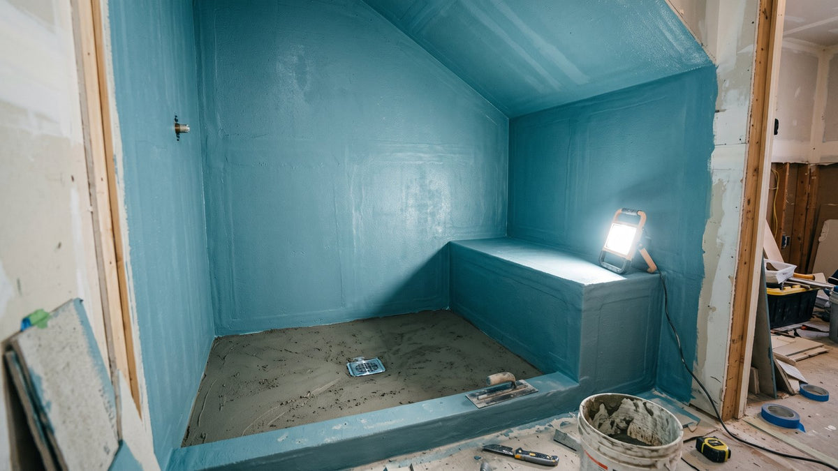 Steam shower under construction with waterproofed backer board walls and a sloped ceiling