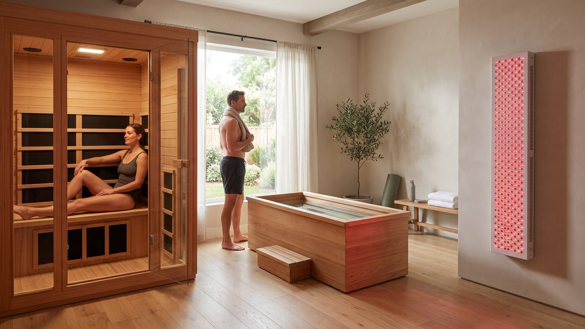 Home recovery room with an infrared sauna, cold plunge and red light tower