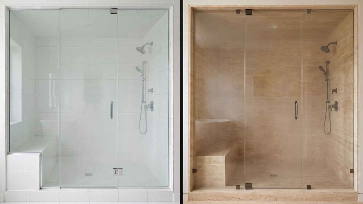 Two residential steam showers side by side, one in white porcelain tile and one in warm natural stone
