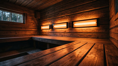 Infrared heater panels glowing inside a wooden sauna