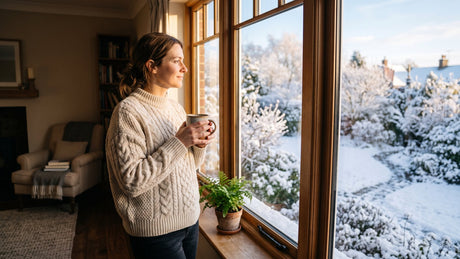 Woman holding a mug at a window on a bright winter morning