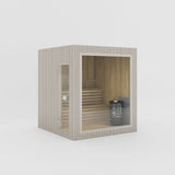 Rendering of the Celsium Jonas Classic outdoor sauna in Beige ThermoWood with a large glass front and a full-height glass door