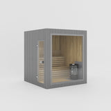 Rendering of the Celsium Jonas Classic outdoor sauna in Grey ThermoWood with a large glass front and a full-height glass door