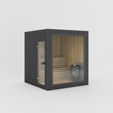 Rendering of the Celsium Jonas Classic outdoor sauna in Ebony ThermoWood with a large glass front and a full-height glass door
