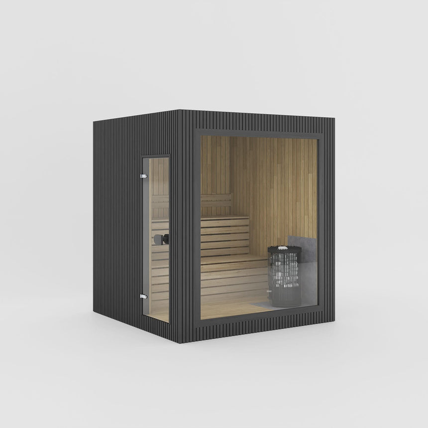 Rendering of the Celsium Jonas Classic outdoor sauna in Ebony ThermoWood with a large glass front and a full-height glass door