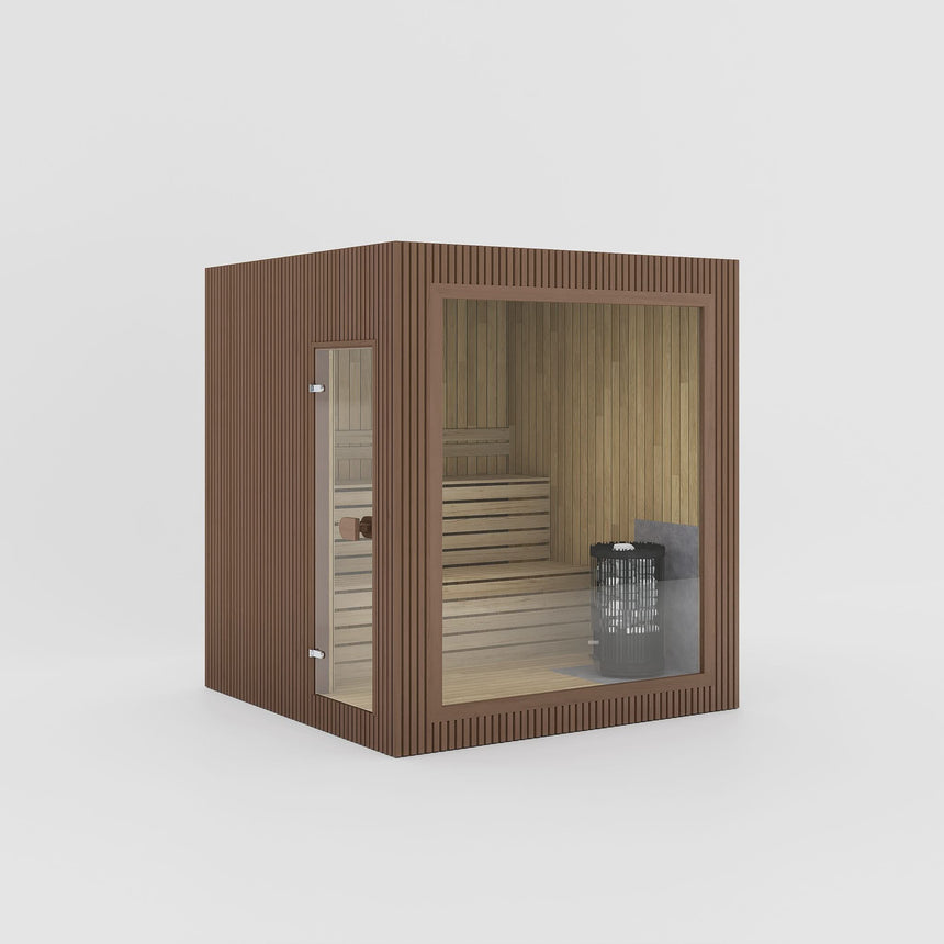 Rendering of the Celsium Jonas Classic outdoor sauna in Teak ThermoWood with a large glass front and a full-height glass door