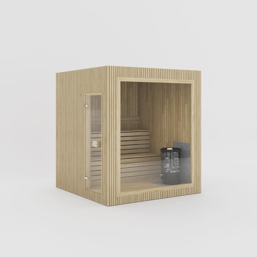 Rendering of the Celsium Jonas Classic outdoor sauna in Hazel ThermoWood with a large glass front and a full-height glass door