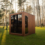 Celsium Jonas Grand outdoor sauna with a bronze-tinted glass front and full-height glass door in a sunlit birch grove