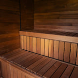Two straight benches, an upper and a lower tier, inside the Celsium Jonas Grand outdoor sauna