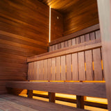 Celsium Jonas Grand interior with two-tier benches, under-bench LED lighting and a vertical LED strip in the corner