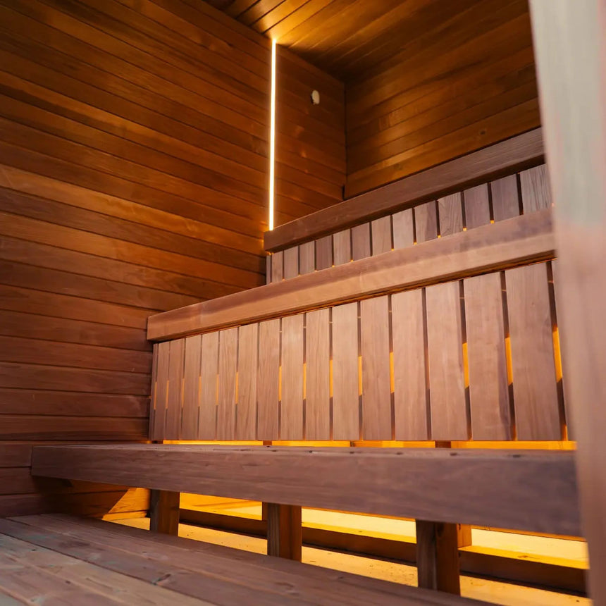 Celsium Jonas Grand interior with two-tier benches, under-bench LED lighting and a vertical LED strip in the corner