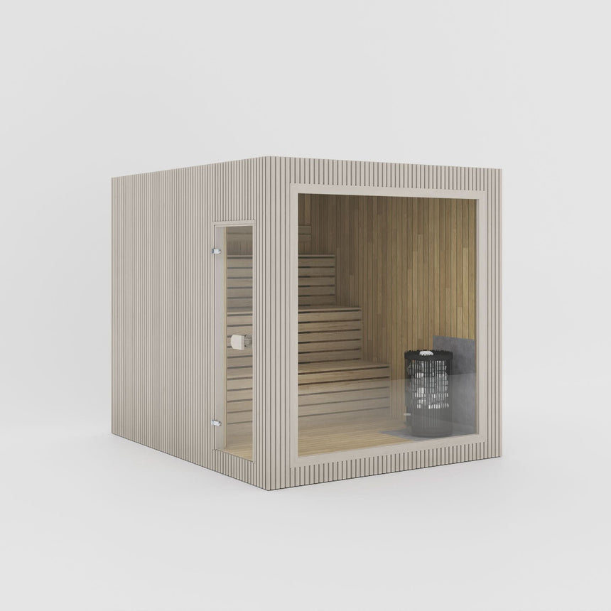 Rendering of the Celsium Jonas Grand outdoor sauna in Beige ThermoWood with a large glass front and a full-height glass door