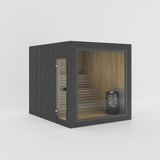 Rendering of the Celsium Jonas Grand outdoor sauna in Ebony ThermoWood with a large glass front and a full-height glass door