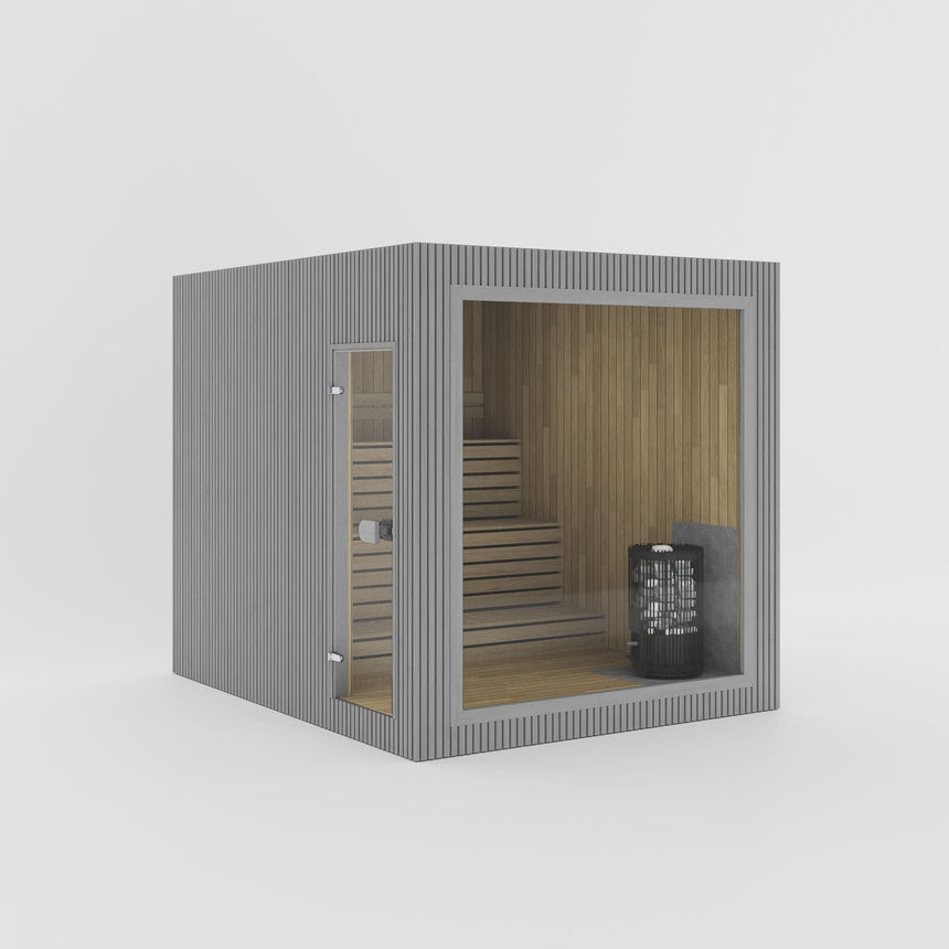 Rendering of the Celsium Jonas Grand outdoor sauna in Grey ThermoWood with a large glass front and a full-height glass door