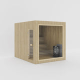 Rendering of the Celsium Jonas Grand outdoor sauna in Hazel ThermoWood with a large glass front and a full-height glass door