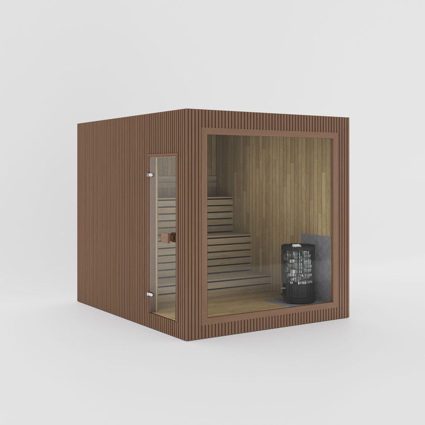 Rendering of the Celsium Jonas Grand outdoor sauna in Teak ThermoWood with a large glass front and a full-height glass door