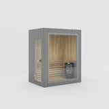 Rendering of the Celsium Jonas Mini outdoor sauna in Grey ThermoWood with a large glass front and a full-height glass door
