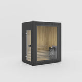 Rendering of the Celsium Jonas Mini outdoor sauna in Ebony ThermoWood with a large glass front and a full-height glass door