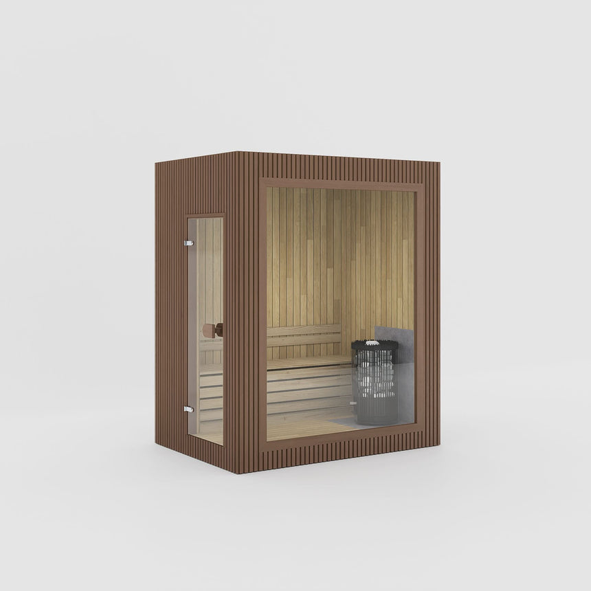 Rendering of the Celsium Jonas Mini outdoor sauna in Teak ThermoWood with a large glass front and a full-height glass door