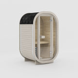 Rendering of the Celsium Ula Micro Compact outdoor sauna in Beige ThermoWood with a full glass front and a shingled roof