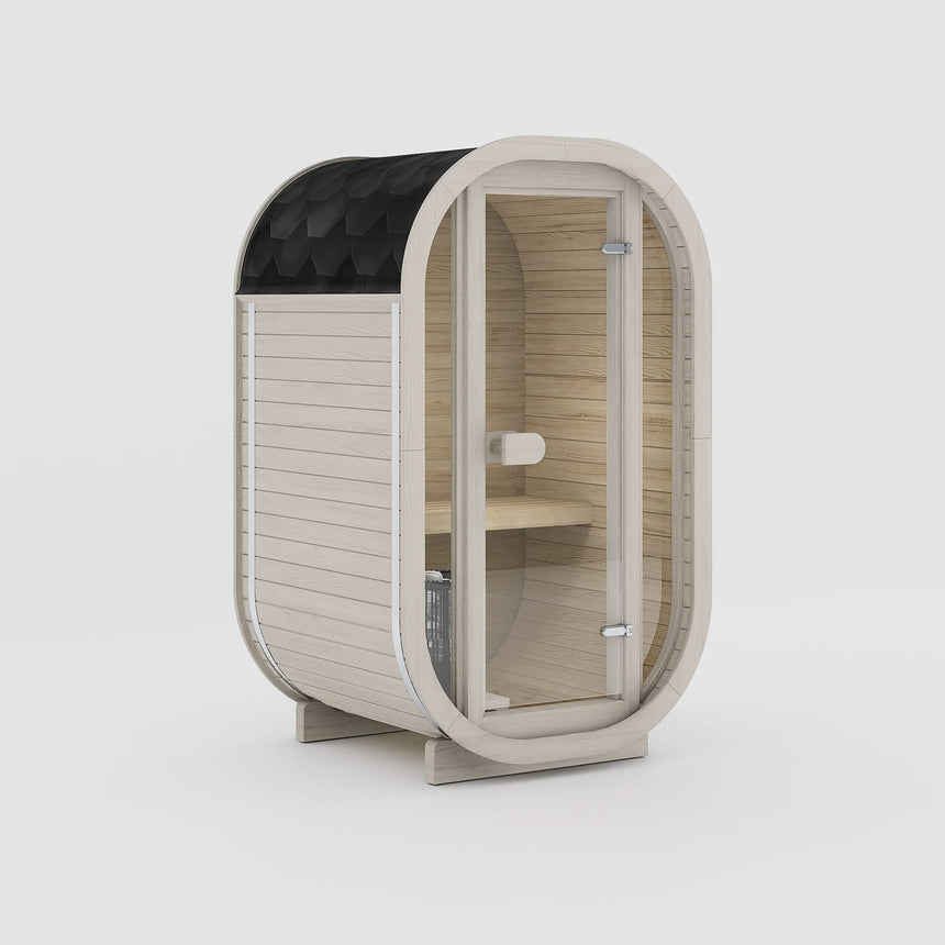 Rendering of the Celsium Ula Micro Compact outdoor sauna in Beige ThermoWood with a full glass front and a shingled roof