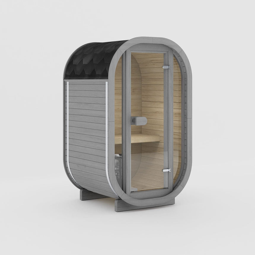Rendering of the Celsium Ula Micro Compact outdoor sauna in Grey ThermoWood with a full glass front and a shingled roof