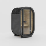 Rendering of the Celsium Ula Micro Compact outdoor sauna in Ebony ThermoWood with a full glass front and a shingled roof