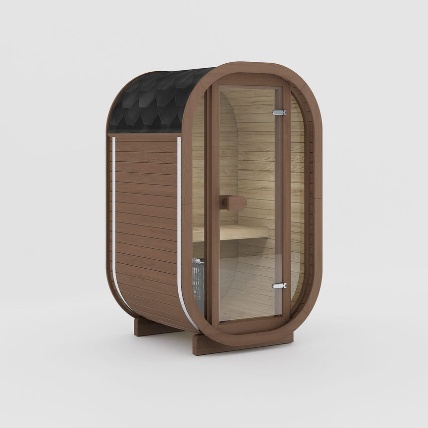 Rendering of the Celsium Ula Micro Compact outdoor sauna in Teak ThermoWood with a full glass front and a shingled roof