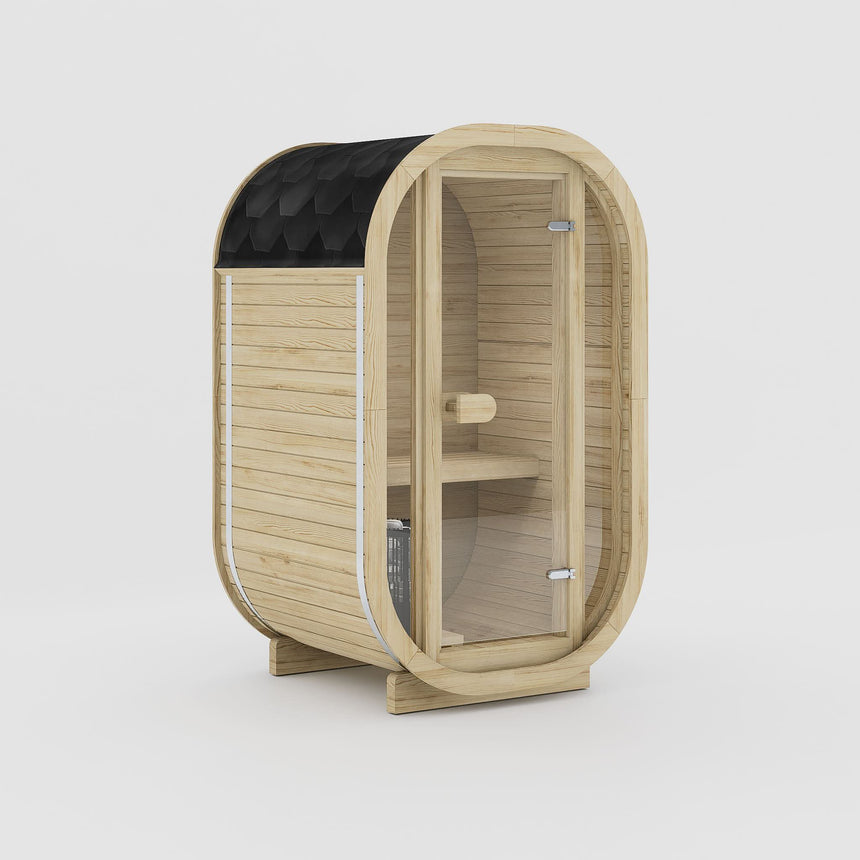 Rendering of the Celsium Ula Micro Compact outdoor sauna in Hazel ThermoWood with a full glass front and a shingled roof