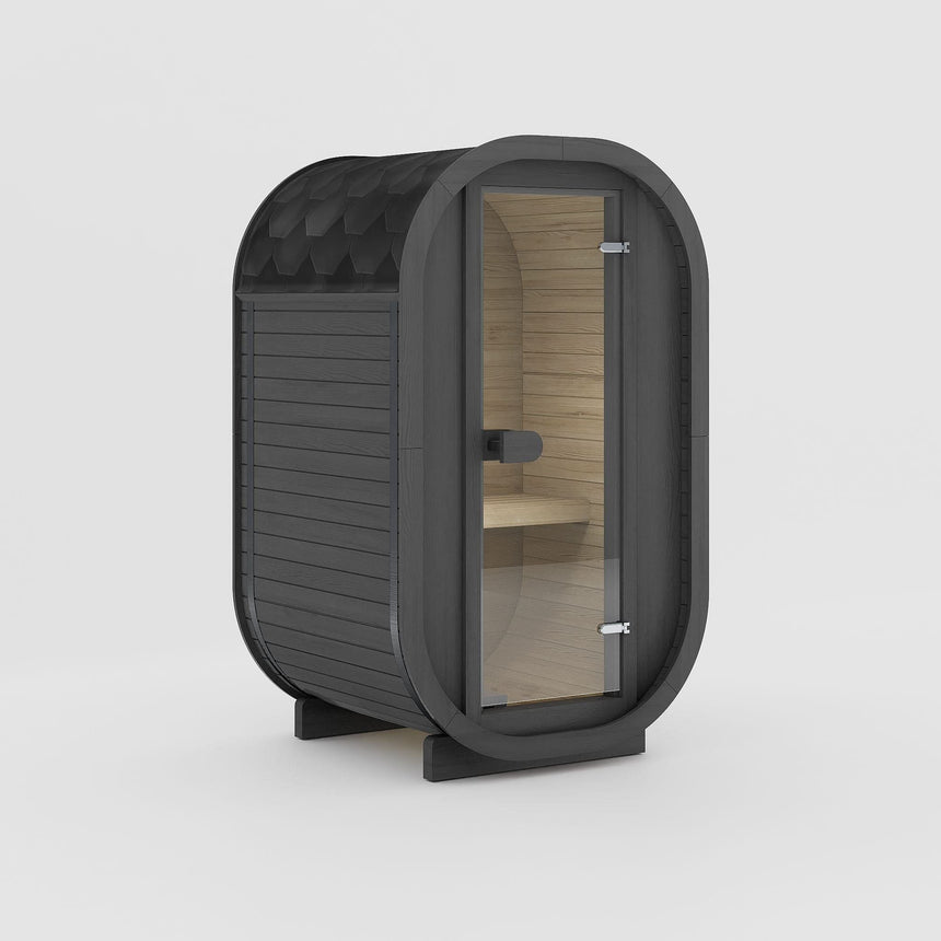 Rendering of the Celsium Ula Micro Compact outdoor sauna in Ebony ThermoWood, shown with a timber front and a central glass door