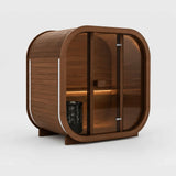 Rendering of the Celsium Ula Mini outdoor sauna with a full bronze-tinted glass front, a central glass door and a brown ThermoWood exterior