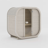 Rendering of the Celsium Ula Mini outdoor sauna in Beige ThermoWood, shown with a timber front and a central glass door