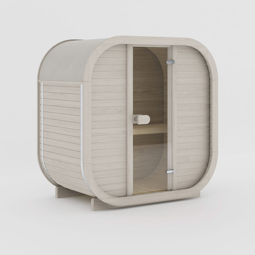 Rendering of the Celsium Ula Mini outdoor sauna in Beige ThermoWood, shown with a timber front and a central glass door