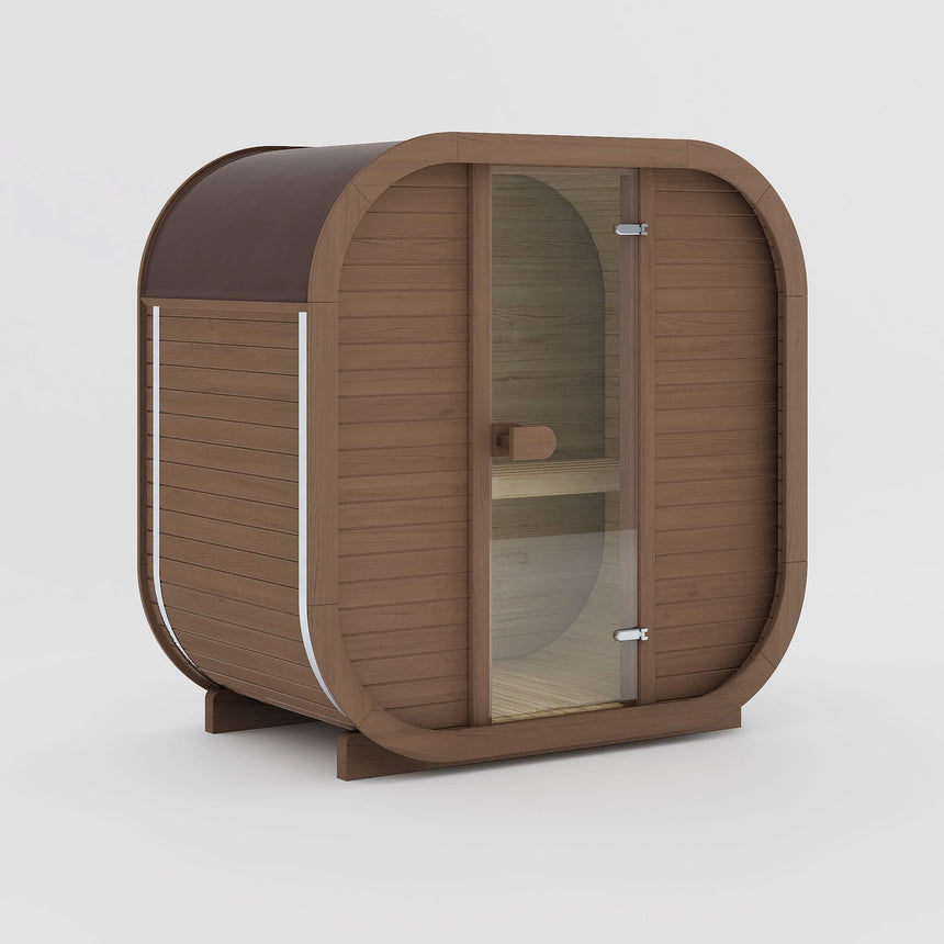 Rendering of the Celsium Ula Mini outdoor sauna in Teak ThermoWood, shown with a timber front and a central glass door
