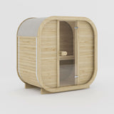 Rendering of the Celsium Ula Mini outdoor sauna in Hazel ThermoWood, shown with a timber front and a central glass door
