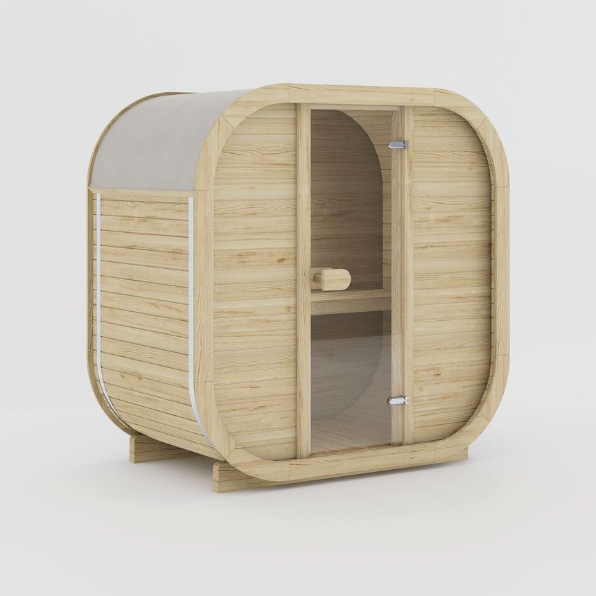 Rendering of the Celsium Ula Mini outdoor sauna in Hazel ThermoWood, shown with a timber front and a central glass door