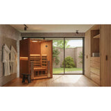 Clearlight Sanctuary 2 full spectrum infrared sauna installed in modern home with garden view
