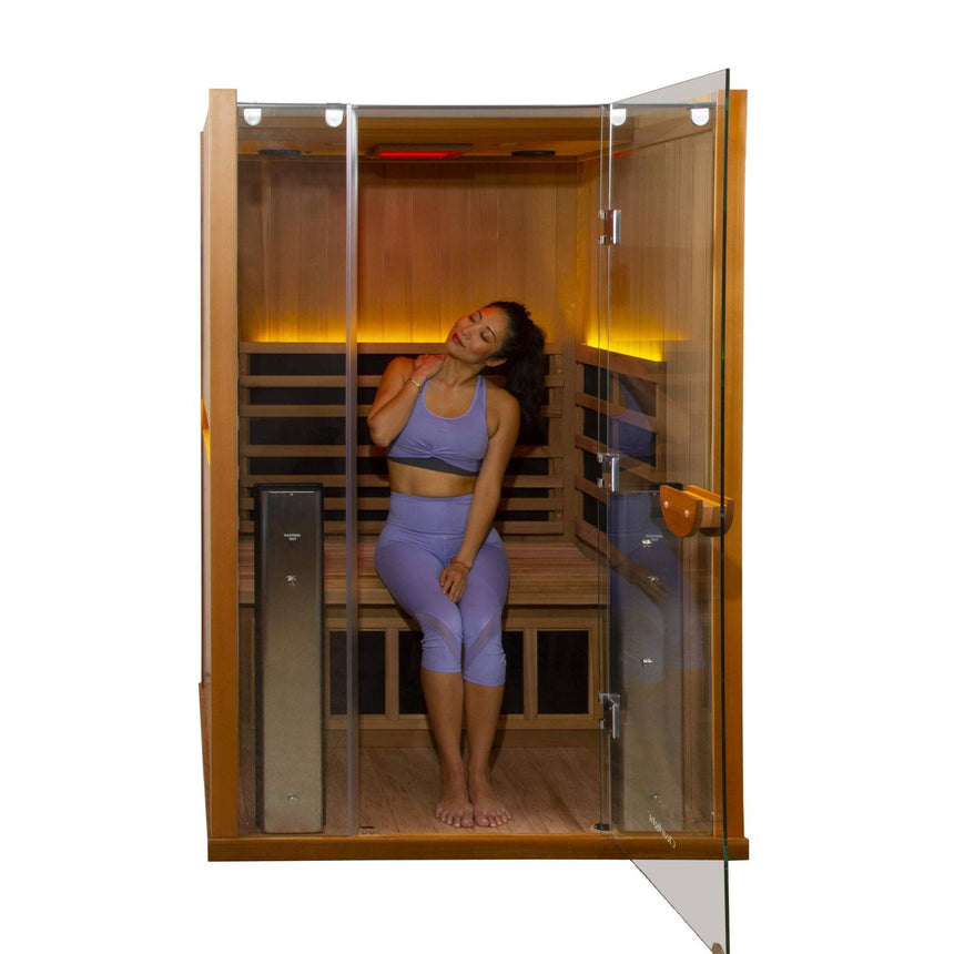 Woman leaning back enjoying a session in Clearlight Sanctuary 2 two-person infrared sauna