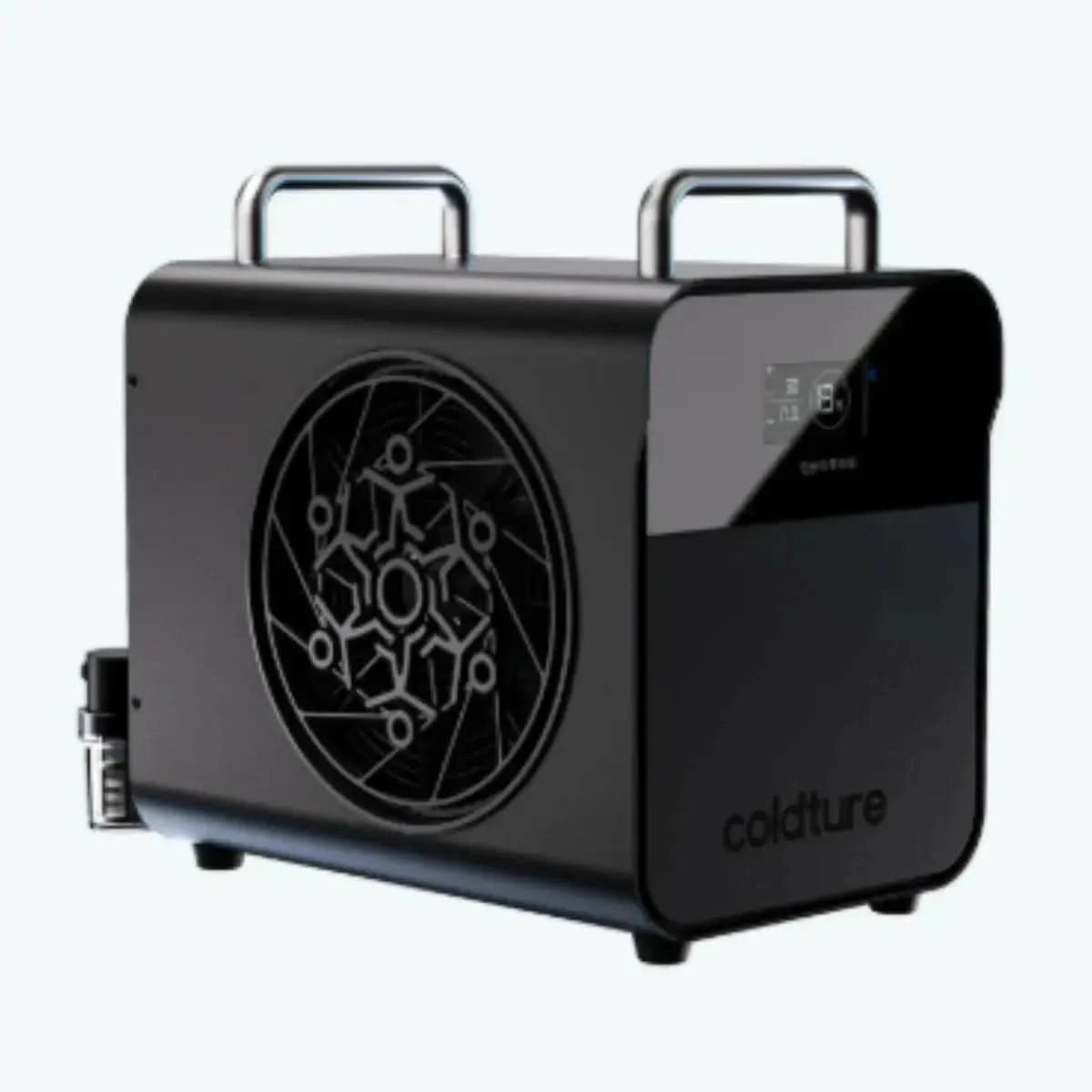 A front-on product shot of the black Coldture Water Chiller Pro (SKU: 730203) with a clean digital display and a carrying handle.