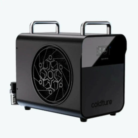 A front-on product shot of the black Coldture Water Chiller Pro (SKU: 730203) with a clean digital display and a carrying handle.