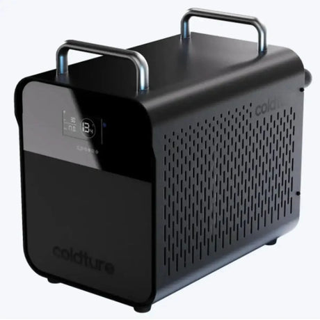 An angled view of the Coldture Water Chiller Pro (SKU: 730203), a black, compact unit with two stainless steel handles for easy portability.