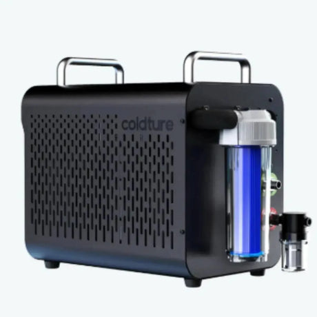A side view of the Coldture Water Chiller Pro (SKU: 730203), showcasing the black unit with a transparent blue water filter housing attached to the side.