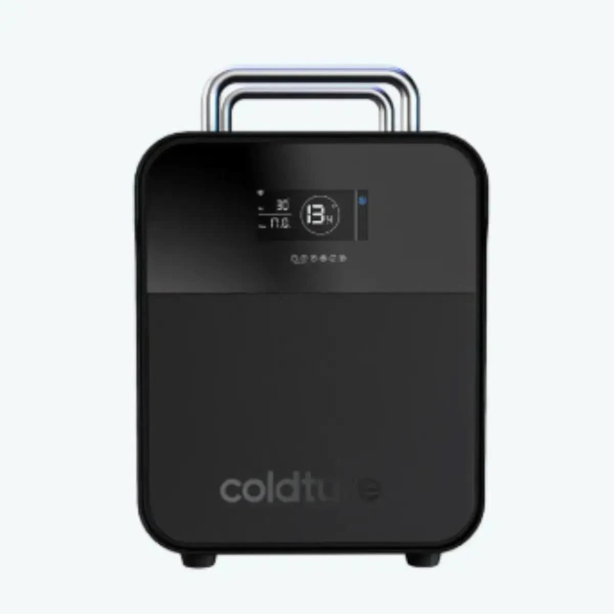 A front-on product shot of the Coldture Water Chiller Pro (SKU: 730203), a black portable chiller with a clean digital display and handle.