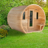 A side view of the Dundalk LeisureCraft Canadian Timber CT Elation Sauna (CTC2424E) in a lush green garden setting, highlighting its curved barrel design.