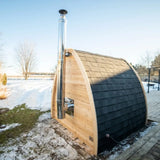 An exterior side view of a Dundalk LeisureCraft CT MiniPOD Sauna (CTC77ME) highlighting the chimney and asphalt shingles.
