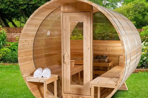 Dundalk Leisurecraft Serenity MP 4 Person Barrel Sauna + Harvia M3 Wood-Burning Sauna Stove Off-Grid Package