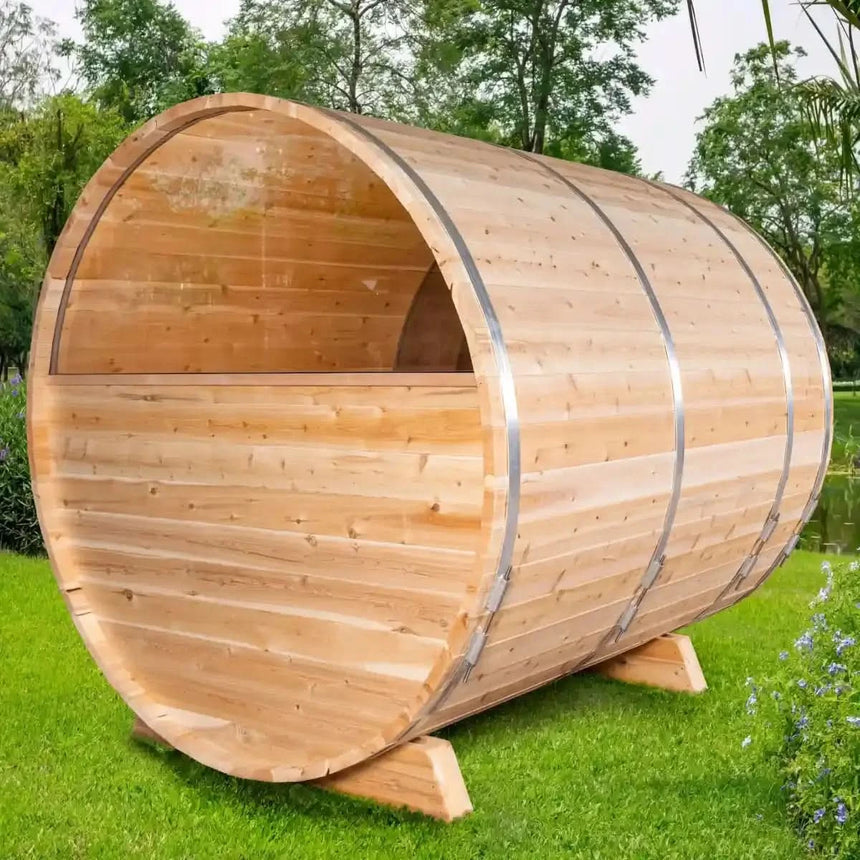 A view of the Dundalk Leisure Craft CT Serenity MP Barrel Sauna (CTC2245MPE) with an integrated porch and side benches.