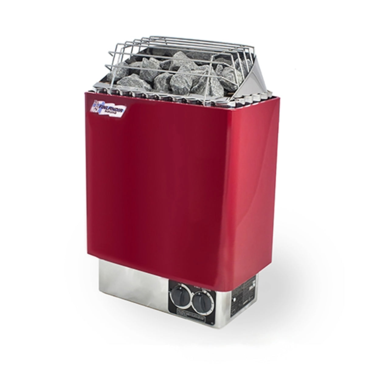 Finlandia FLB-80 8kW wall-mounted electric sauna heater in red enamel with built-in controls, stainless steel elements, and igneous stones for efficient heating in rooms up to 425 cubic feet.