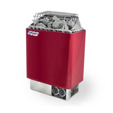 Finlandia FLB-80 8kW wall-mounted electric sauna heater in red enamel with built-in controls, stainless steel elements, and igneous stones for efficient heating in rooms up to 425 cubic feet.